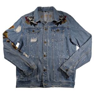 Embroidered Young & Reckless Y&R LA Denim Jacket Size MEDIUM Distressed Cotton